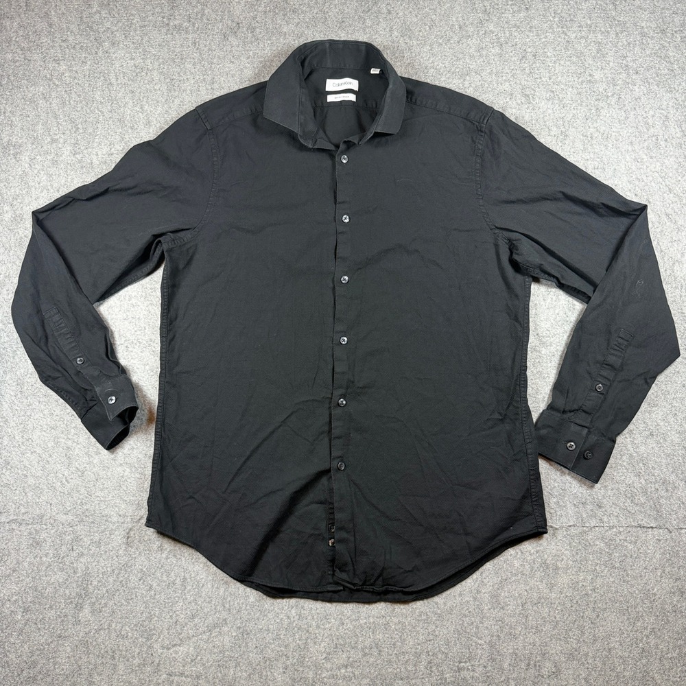 Calvin Klein Mens Slim Fit Stretch Button Up Shirt 16 34/35 L Black Textured